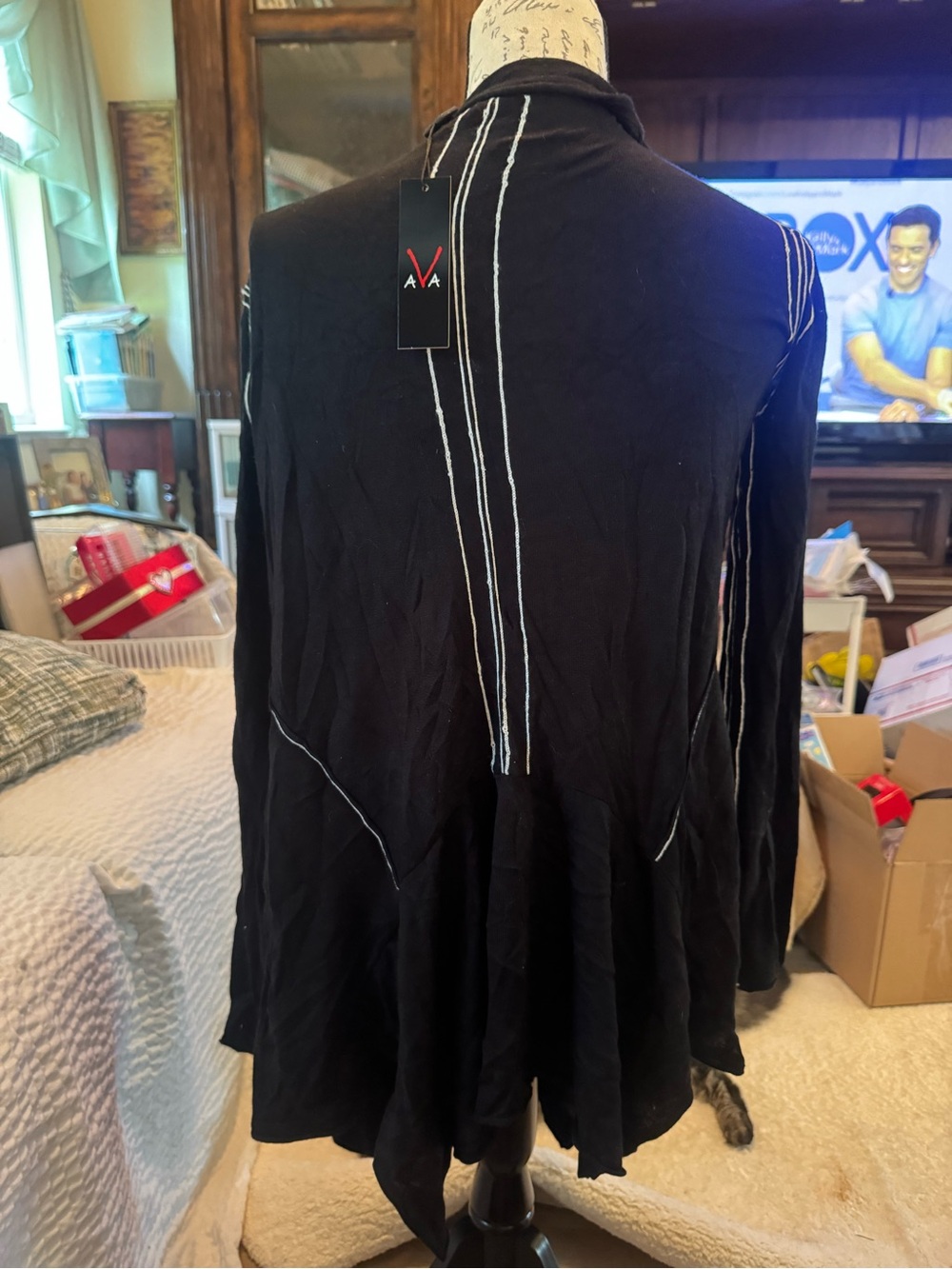 AVA Black Long Sleeve Asymmetrical Cardigan with White Stitching large nwt
